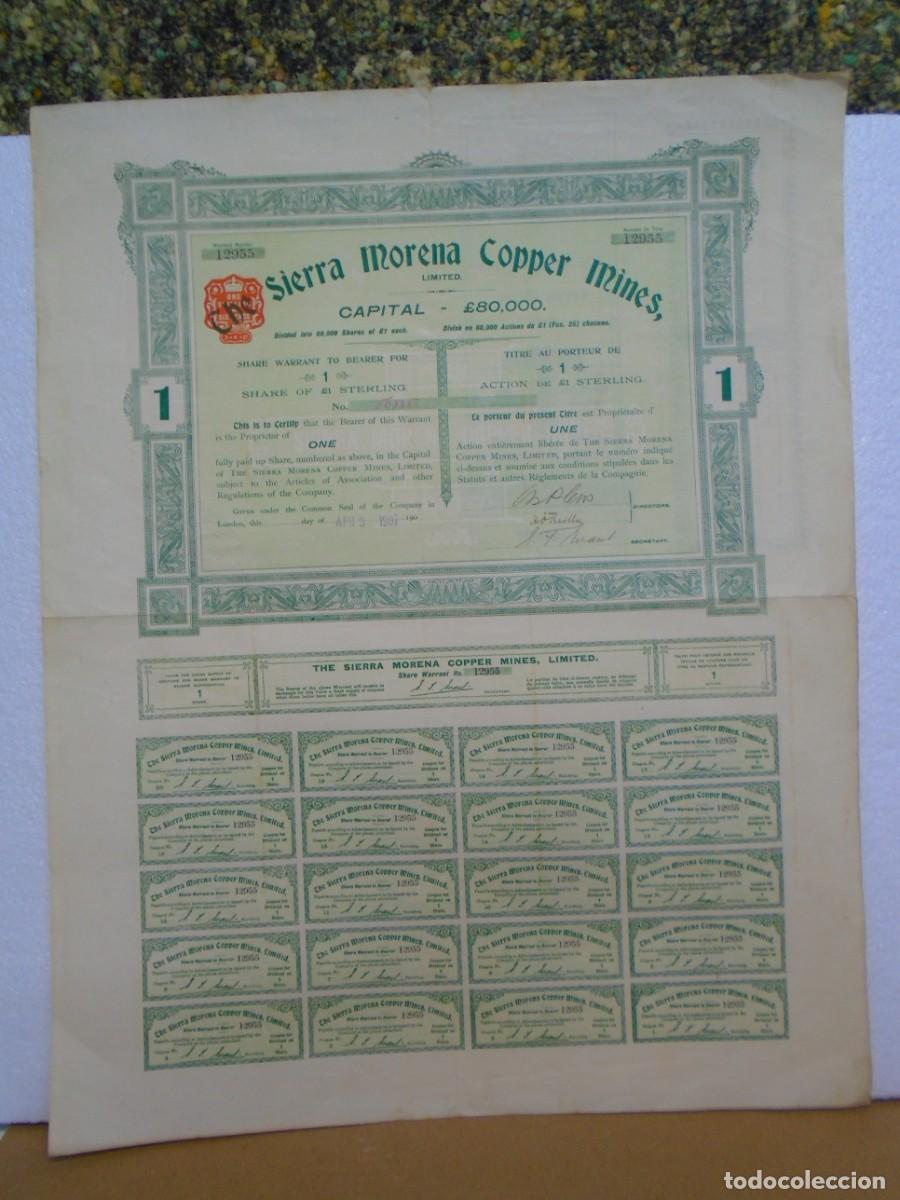 Coleccionismo acciones espa&ntilde;olas: MINAS DE COBRE DE SIERRA MORENA(PE&Ntilde;AFLOR-SEVILLA)TITULO DE ACCION, LONDRES 1907.
