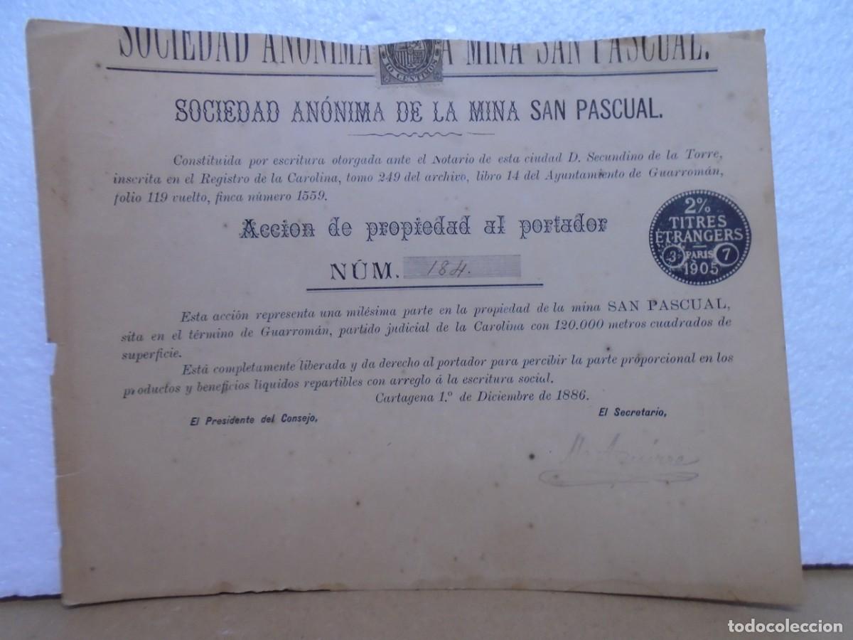 Coleccionismo acciones espa&ntilde;olas: SOCIEDAD AN&Oacute;NIMA DE LA MINA&rdquo;SAN PASCUAL&rdquo;ACCION DE PROPIEDAD, CARTAGENA 1886.