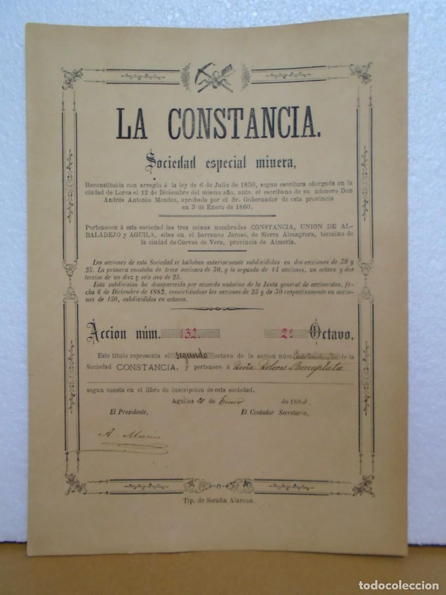 Coleccionismo acciones espa&ntilde;olas: SOCIEDAD ESPECIAL MINERA&rdquo;LA CONSTANCIA&rdquo;TITULO DE ACCION, AGUILAS(MURCIA)1883.