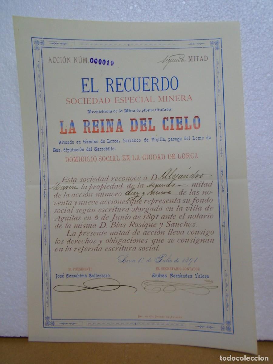 Coleccionismo acciones espa&ntilde;olas: SOCIEDAD ESPECIAL MINERA&rdquo;EL RECUERDO&rdquo;TITULO DE ACCION, LORCA(MURCIA)1891.