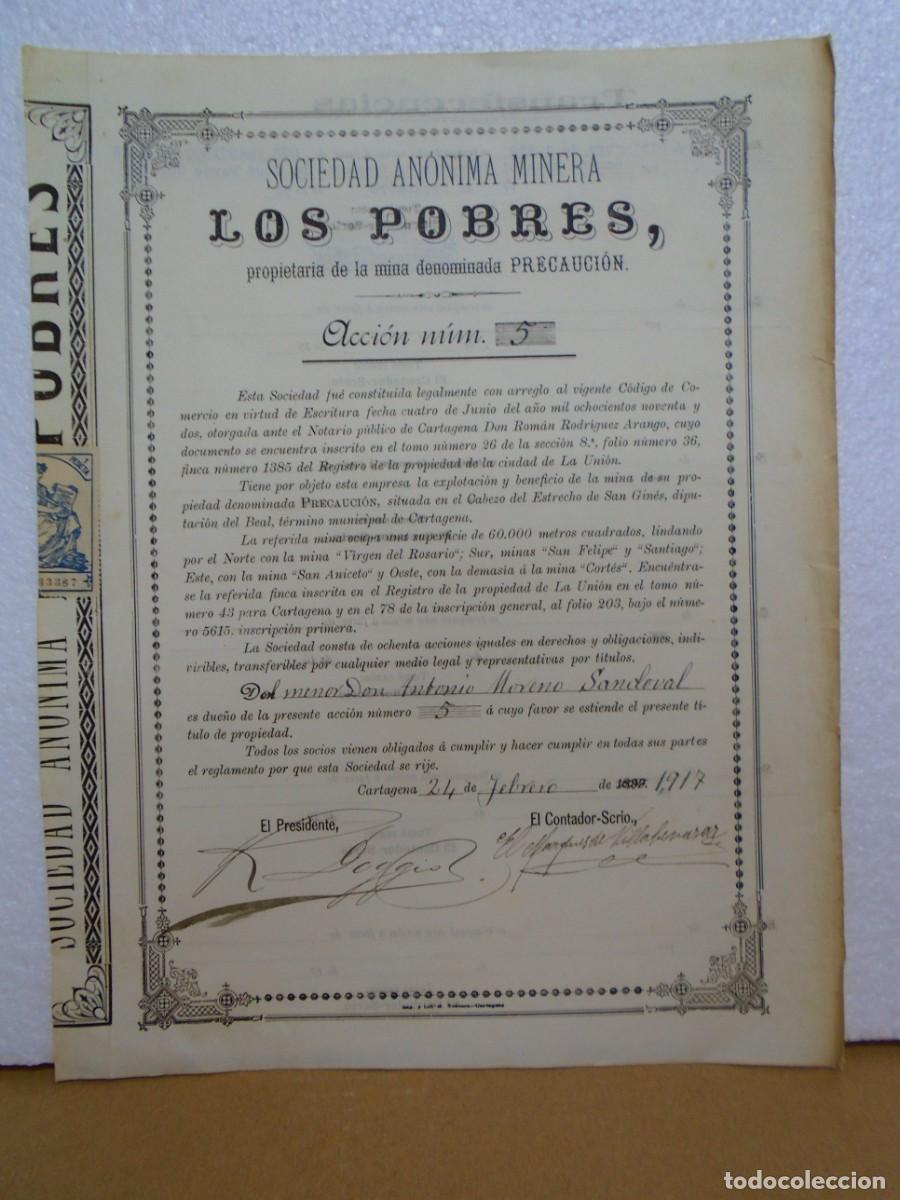 Coleccionismo acciones espa&ntilde;olas: SOCIEDAD AN&Oacute;NIMA MINERA&rdquo;LOS POBRES&rdquo;TITULO DE ACCION, CARTAGENA 1899.