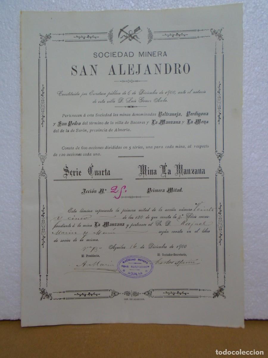 Coleccionismo acciones espa&ntilde;olas: SOCIEDAD MINERA &rdquo;SAN ALEJANDRO&rdquo; TITULO DE ACCION,AGUILAS(MURCIA) 1900.