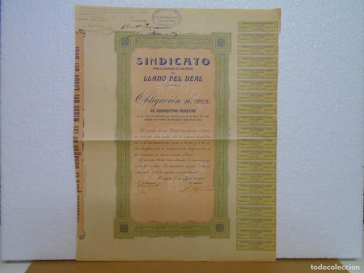 Coleccionismo acciones espa&ntilde;olas: SINDICATO PARA EL DESAGUE DE LAS MINAS DEL LLANO DEL BEAL,CARTAGENA,TITULO DE 1905.