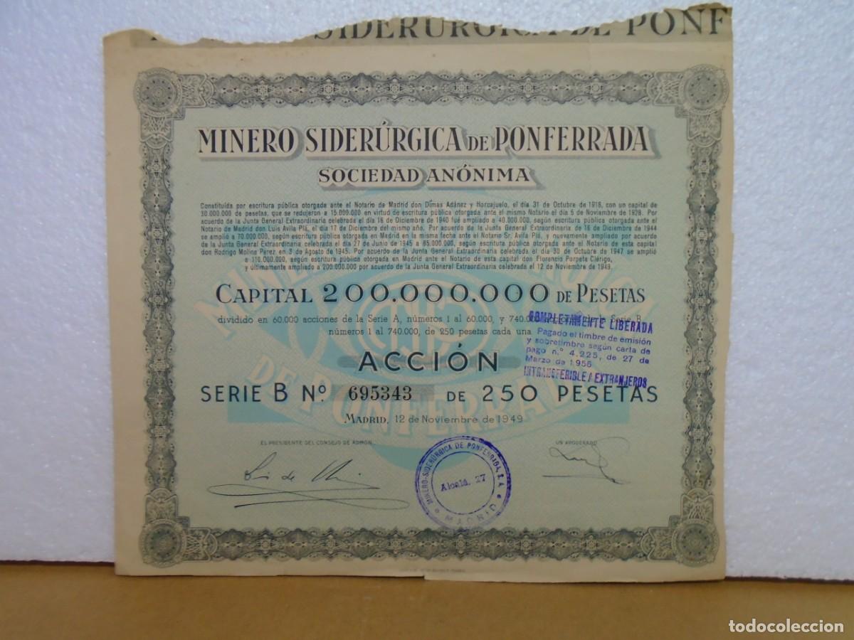 Coleccionismo acciones espa&ntilde;olas: MINERO SIDERURGICA DE PONFERRADA,S.A.TITULO DE ACCION,MADRID 1949.