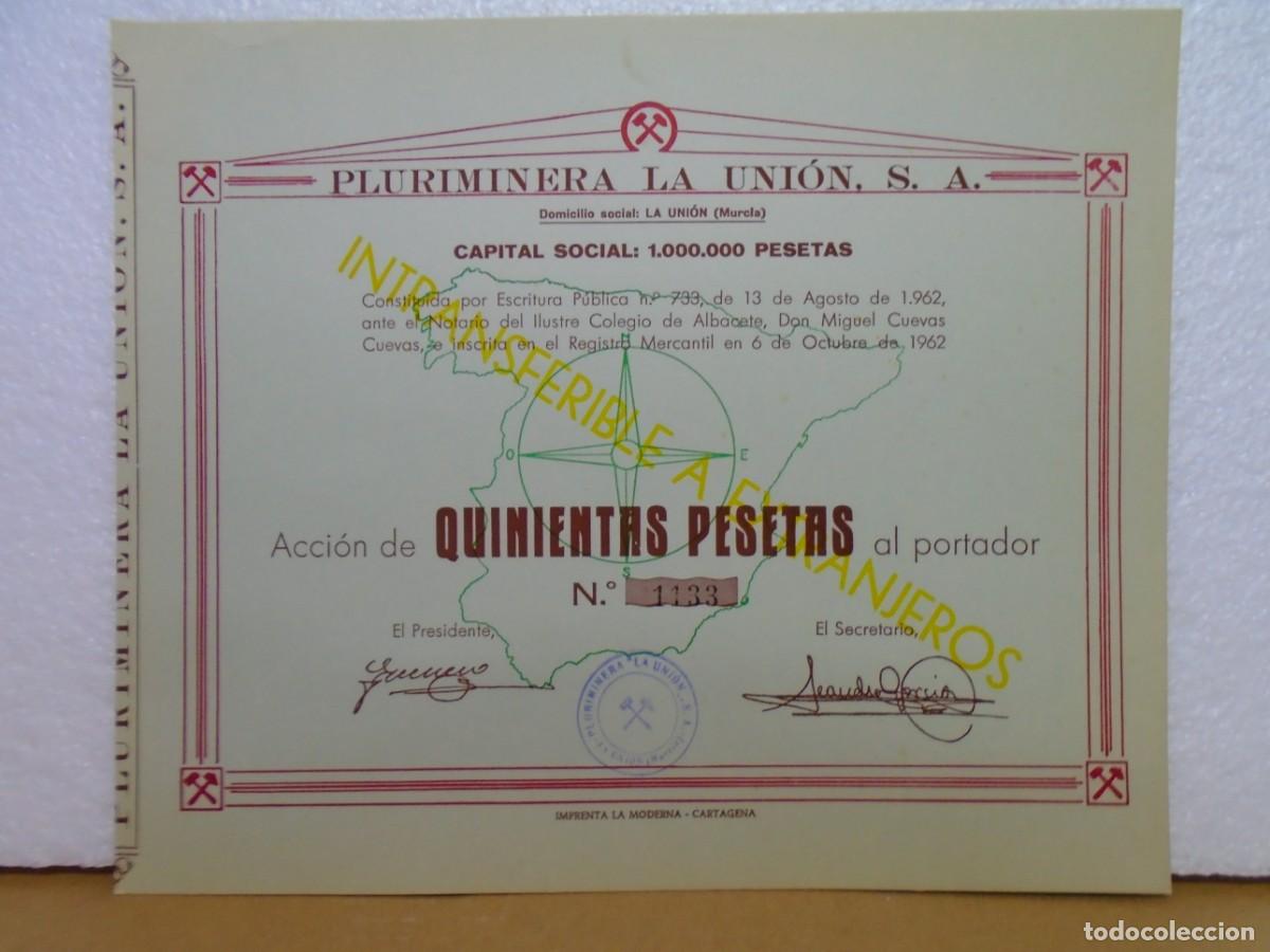 Coleccionismo acciones espa&ntilde;olas: PLURIMINERA LA UNI&Oacute;N,S.A.TITULO DE ACCION ,LA UNION(MURCIA) 1962.