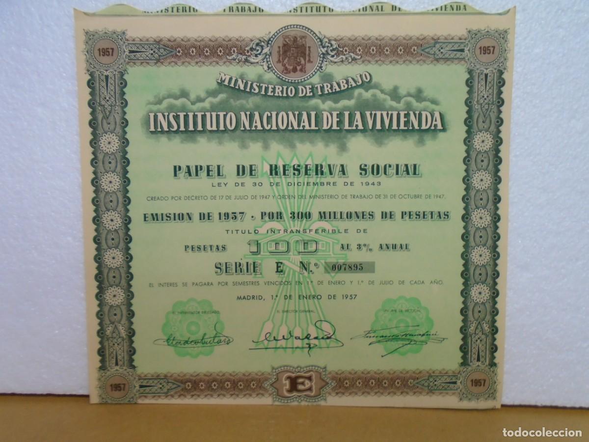 Coleccionismo acciones espa&ntilde;olas: INSTITUTO NACIONAL DE LA VIVIENDA(MINISTERIO DE TRABAJO) TITULO, MADRID 1957.
