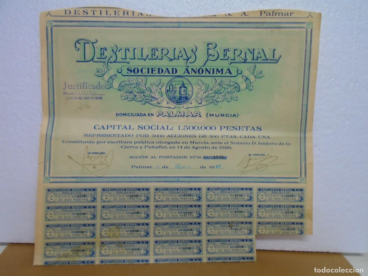 Coleccionismo acciones espa&ntilde;olas: DESTILERIAS BERNAL,S.A.TITULO DE ACCION,PALMAR (MURCIA) 1929.