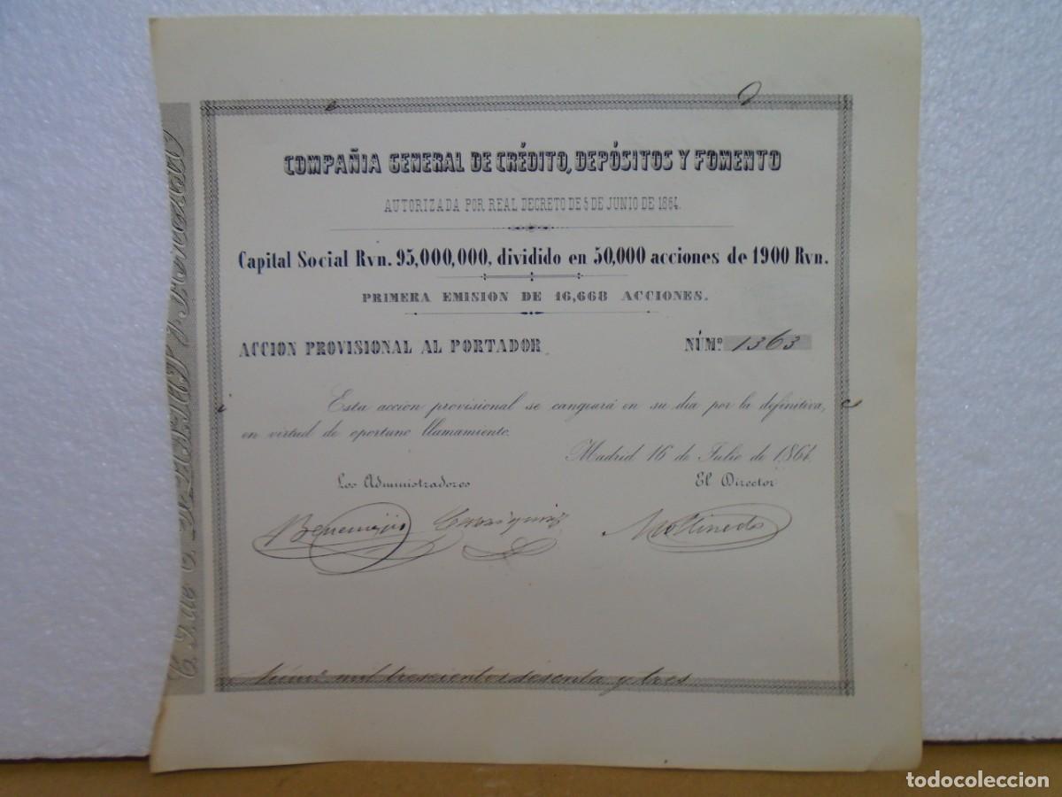 Coleccionismo acciones espa&ntilde;olas: COMPA&Ntilde;IA GENERAL DE CR&Eacute;DITO,DEP&Oacute;SITOS Y FOMENTO,TITULO DE ACCI&Ograve;N,MADRID 1864.