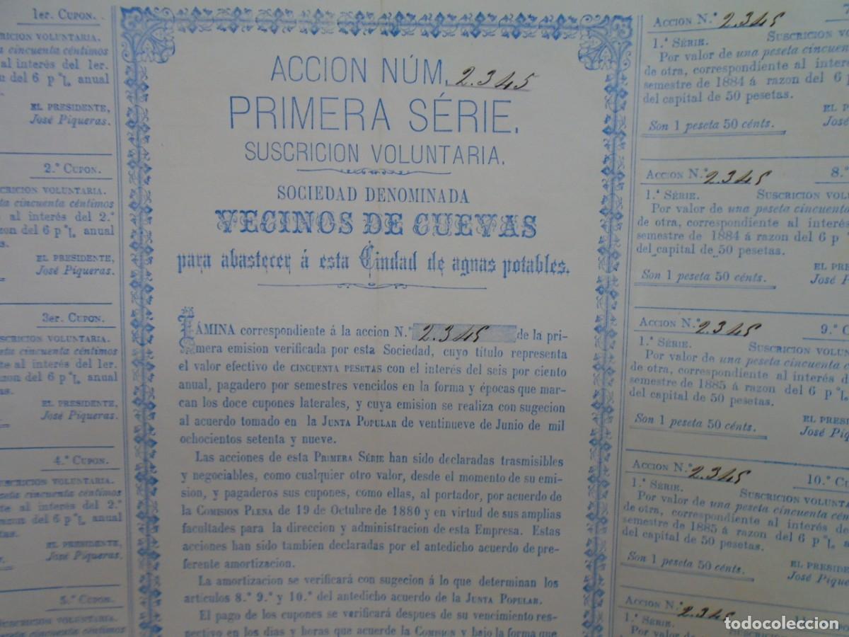 Coleccionismo acciones espa&ntilde;olas: SOCIEDAD DENOMINADA&rdquo;VECINOS DE CUEVAS&rdquo;ABASTECIMIENTO DE AGUAS,CUEVAS(ALMERIA) 1881.