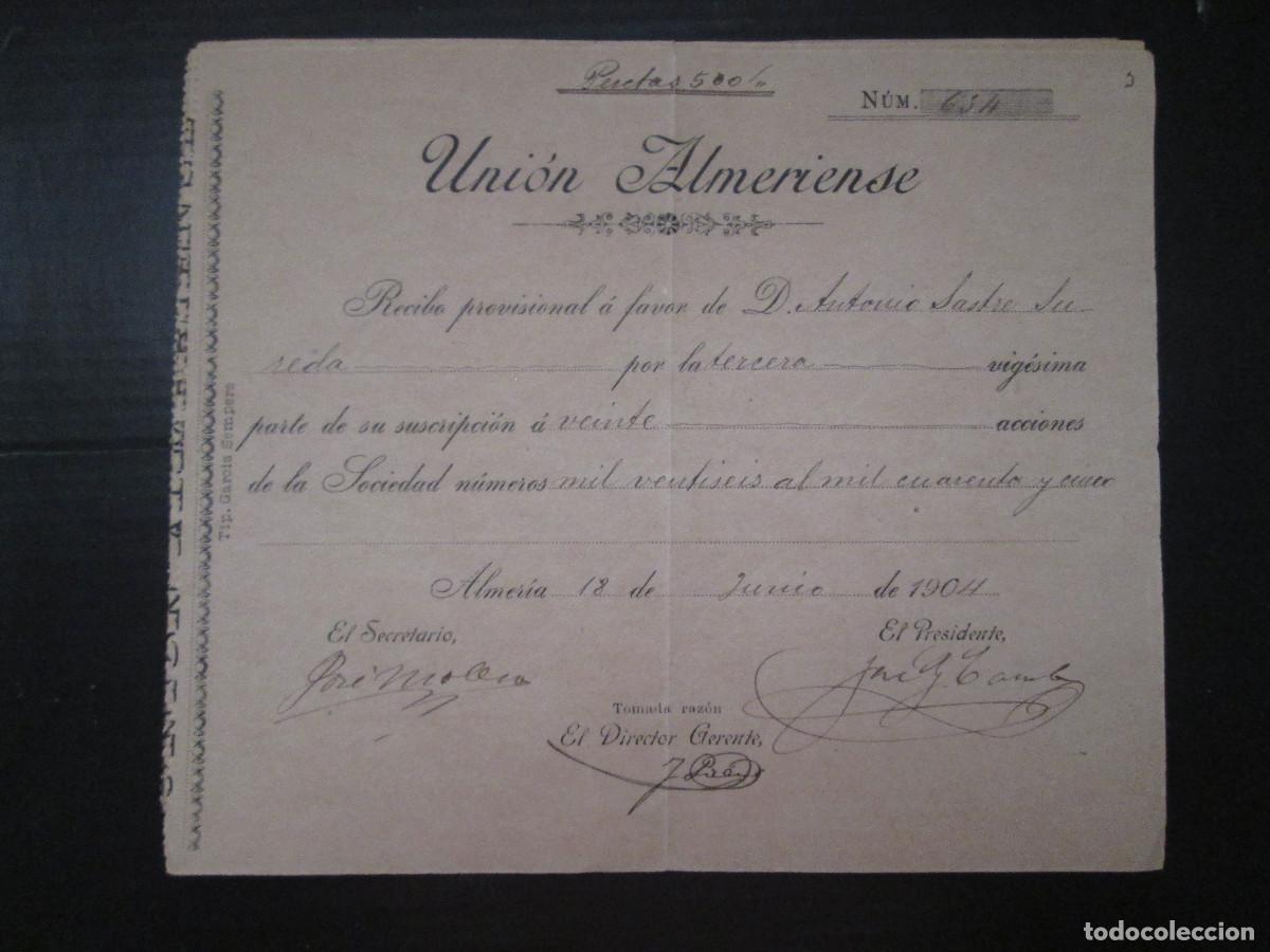 Coleccionismo acciones espa&ntilde;olas: UNION ALMERIENSE - RECIBO POR PARTE DE SUSCRIPCION A ACCIONES DE UNA SOCIEDAD - ALMERIA 1904