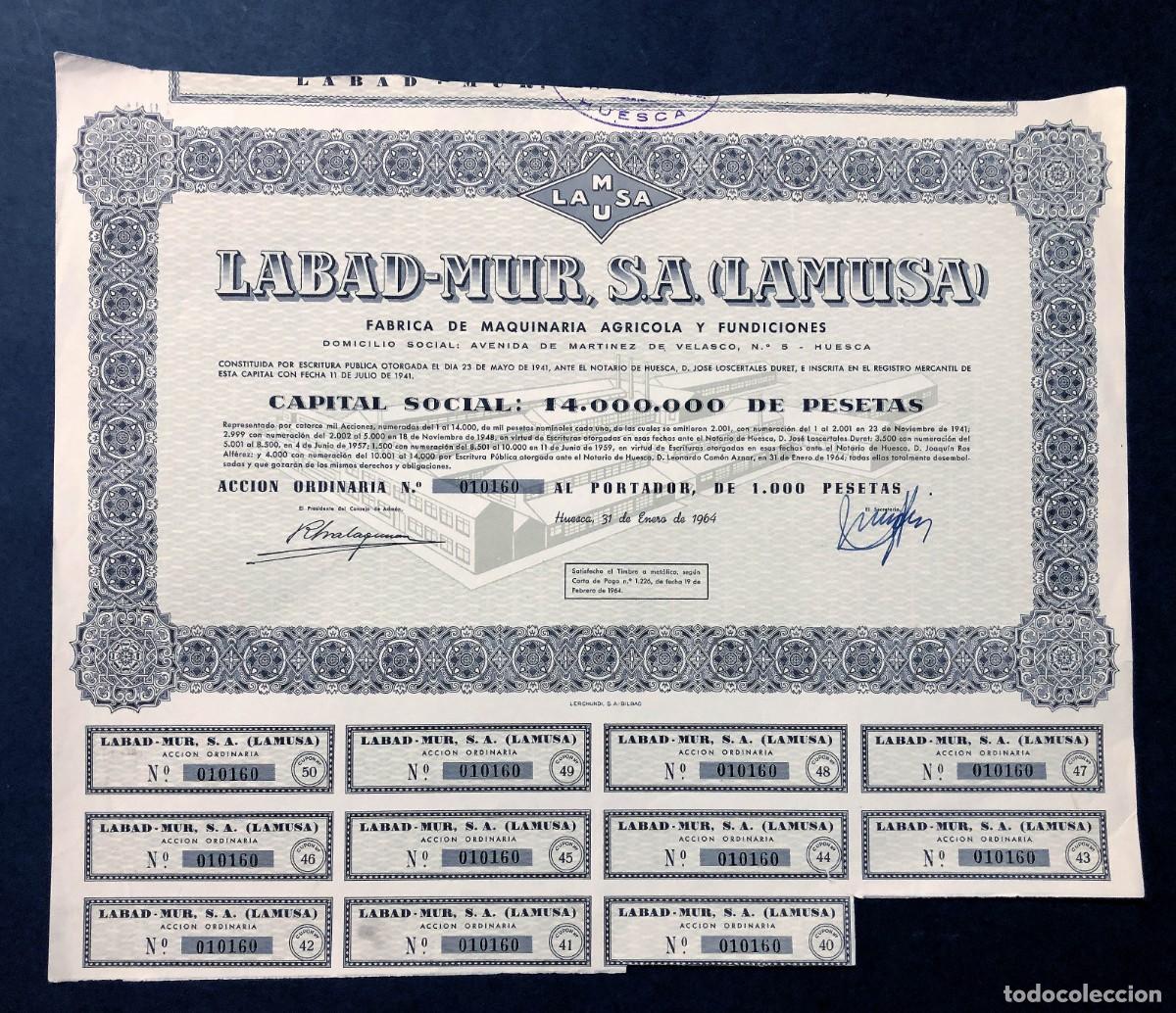 Coleccionismo acciones espa&ntilde;olas: LABAD - MUR ( LAMUSA ) ACCI&Oacute;N ORDINARIA ( 1.000 PESETAS ) HUESCA 1964 / F&Aacute;BRICA MAQUINAR&Iacute;A AGR&Iacute;COLA