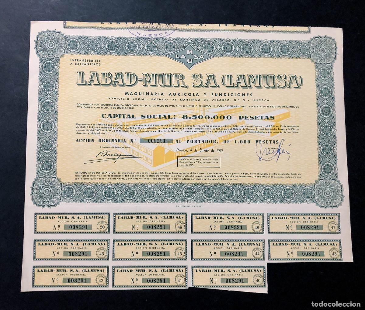 Coleccionismo acciones espa&ntilde;olas: LABAD - MUR ( LAMUSA ) ACCI&Oacute;N ORDINARIA ( 1.000 PESETAS ) HUESCA 1957 / F&Aacute;BRICA MAQUINAR&Iacute;A AGR&Iacute;COLA