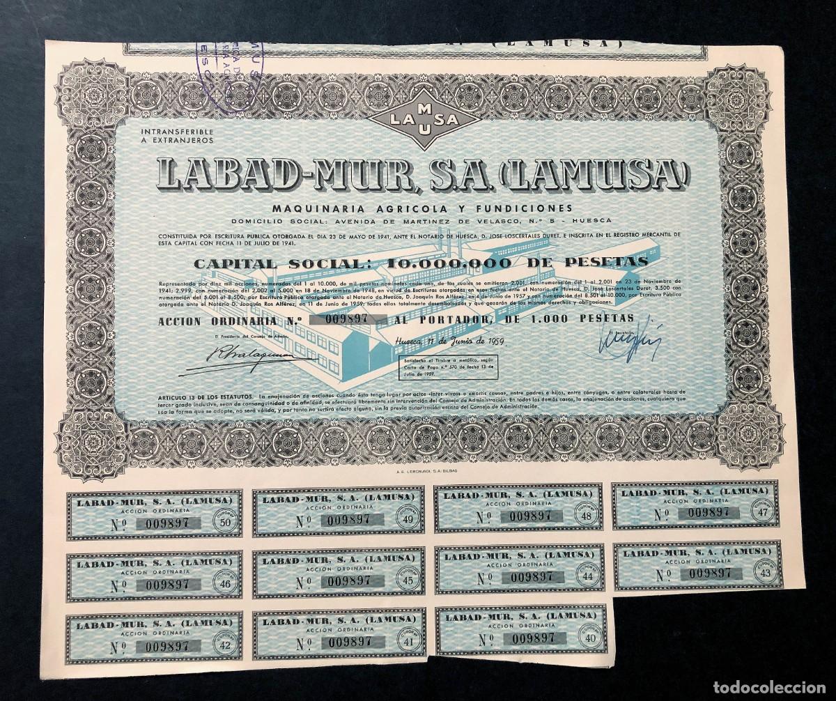 Coleccionismo acciones espa&ntilde;olas: LABAD - MUR ( LAMUSA ) ACCI&Oacute;N ORDINARIA ( 1.000 PESETAS ) HUESCA 1959 / F&Aacute;BRICA MAQUINAR&Iacute;A AGR&Iacute;COLA