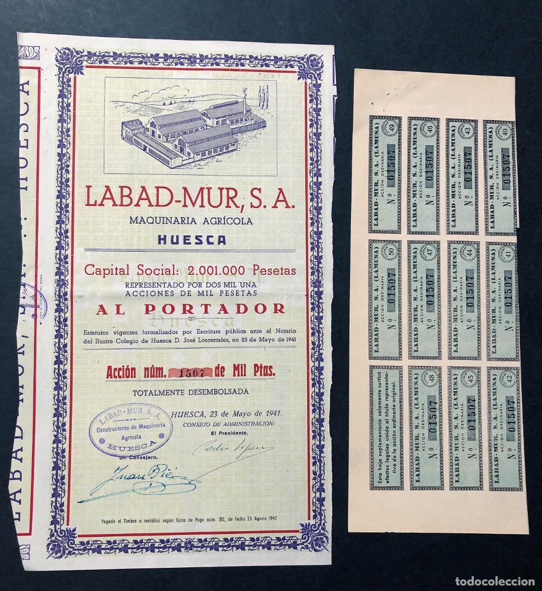 Coleccionismo acciones espa&ntilde;olas: LABAD - MUR ( LAMUSA ) ACCI&Oacute;N ORDINARIA ( 1.000 PESETAS ) HUESCA 1941 / F&Aacute;BRICA MAQUINAR&Iacute;A AGR&Iacute;COLA