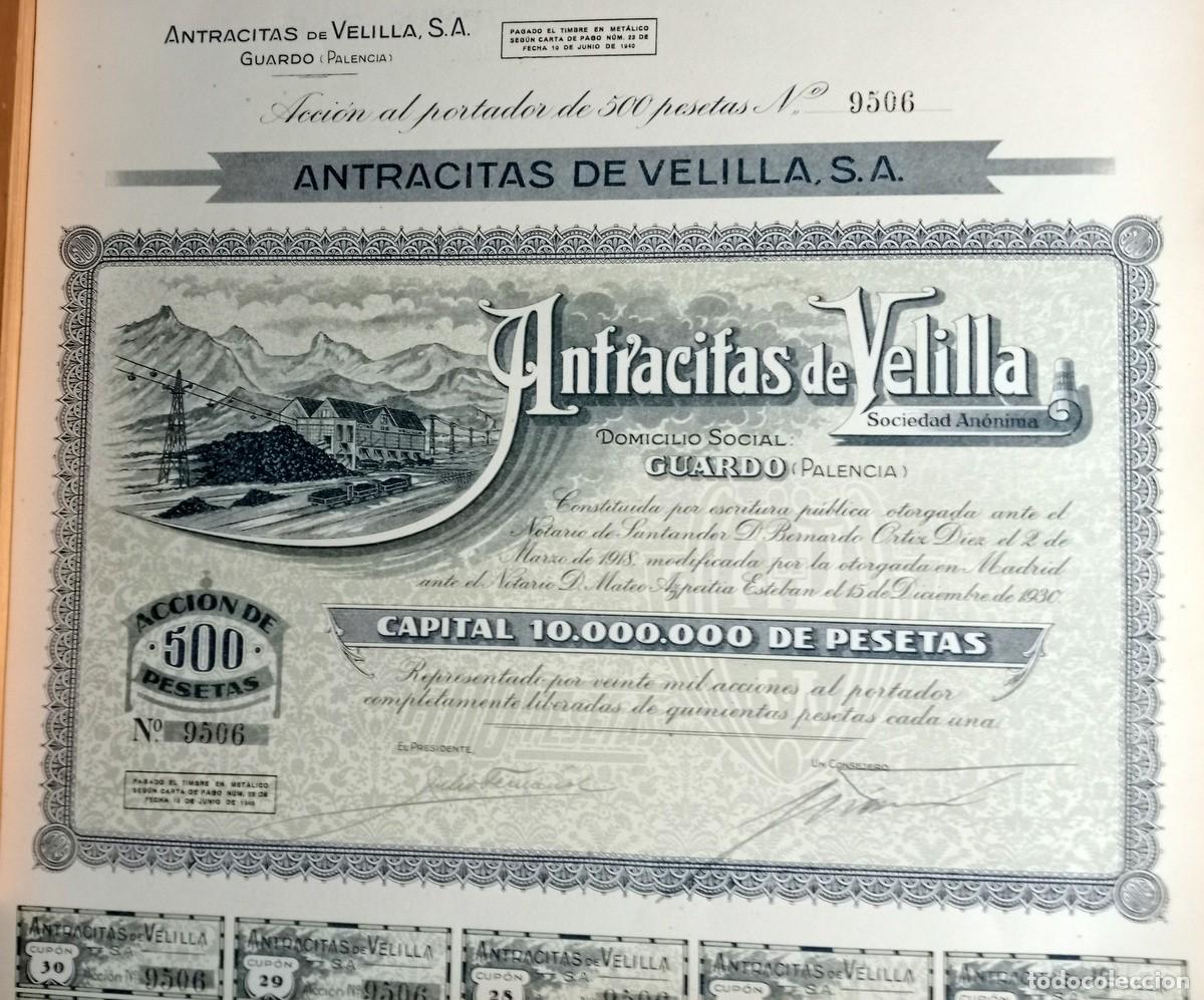 Coleccionismo acciones espa&ntilde;olas: ANTRACITAS DE VELILLA.ACCI&Oacute;N 1930. Minas, miner&iacute;a, carb&oacute;n. Velilla del R&iacute;o Carri&oacute;n, Palencia