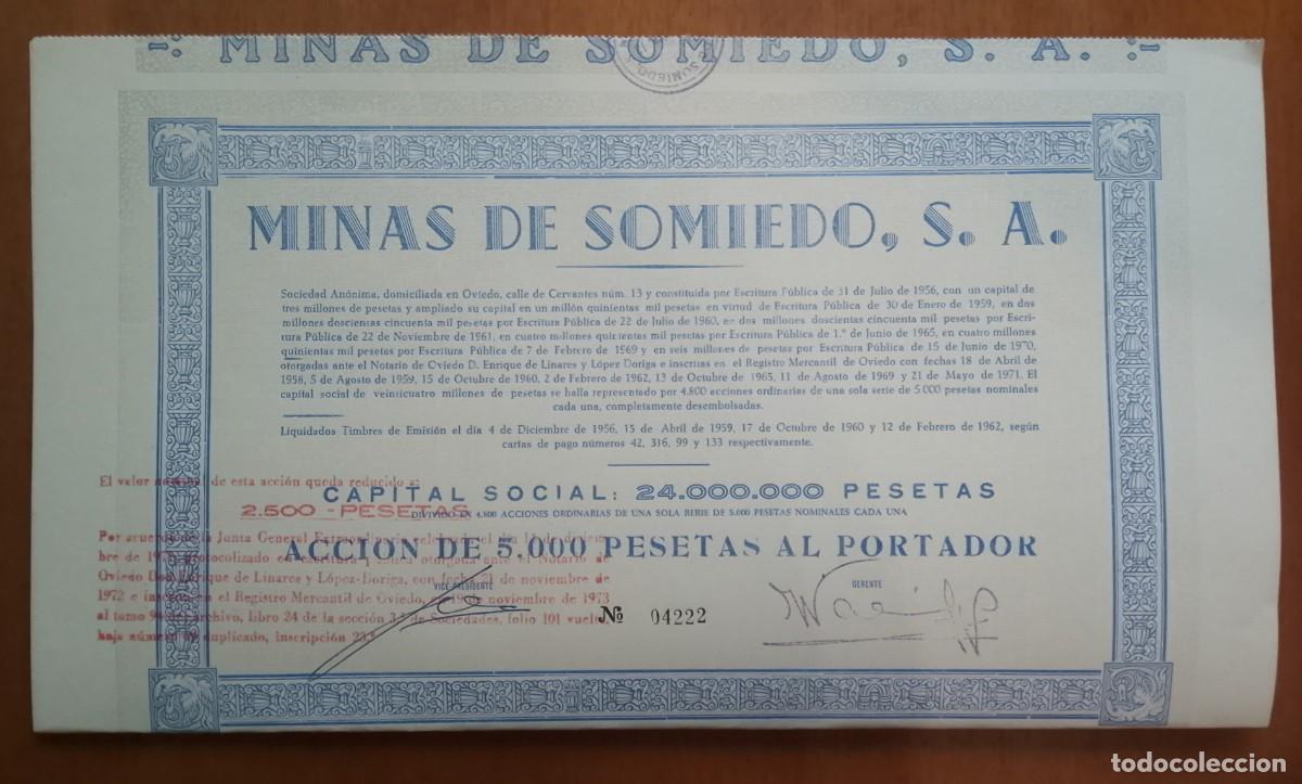 Coleccionismo acciones espa&ntilde;olas: Minas de Somiedo S.A. Domiciliada en Oviedo (Asturias). 1971