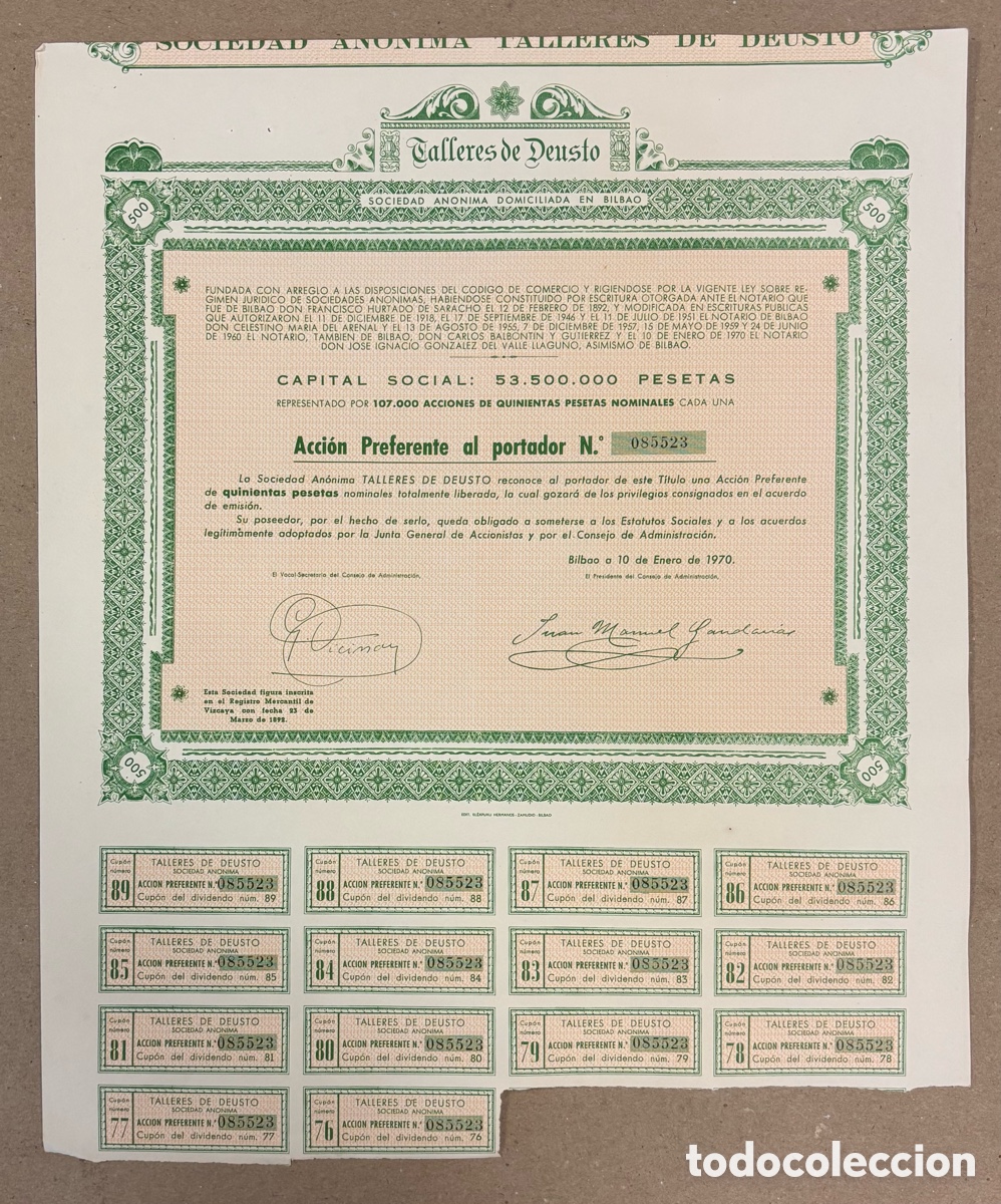Coleccionismo acciones espa&ntilde;olas: TALLERES DE DEUSTO (BILBAO). ACCI&Oacute;N PREFERENTE AL PORTADOR DEL A&Ntilde;O 1970. CON 14 CUPONES.