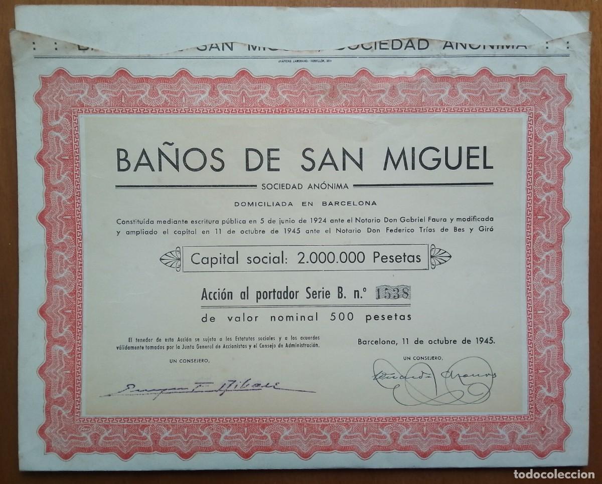Coleccionismo acciones espa&ntilde;olas: Ba&ntilde;os de San Miguel S,A. Domiciliada en Barcelona. 1945