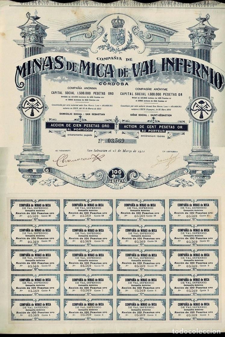 Coleccionismo acciones espa&ntilde;olas: AR2- Compa&ntilde;ia de MINAS DE VAL INFERNIO de Cordoba ACCION AL PORTADOR de CIEN pesetas ORO
