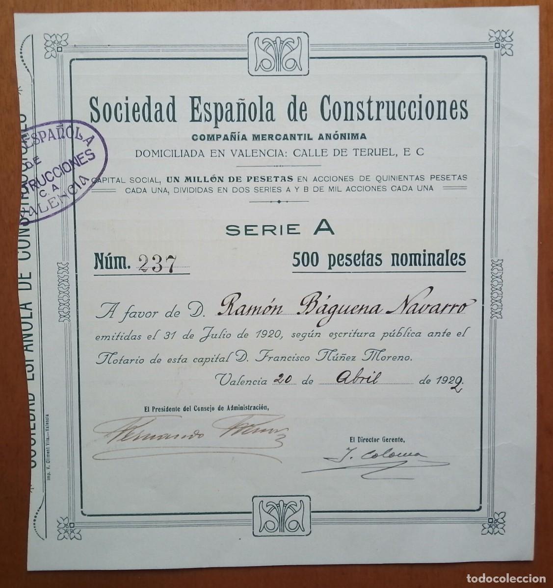 Coleccionismo acciones espa&ntilde;olas: Sociedad Espa&ntilde;ola de Construcciones. Valencia. 1922