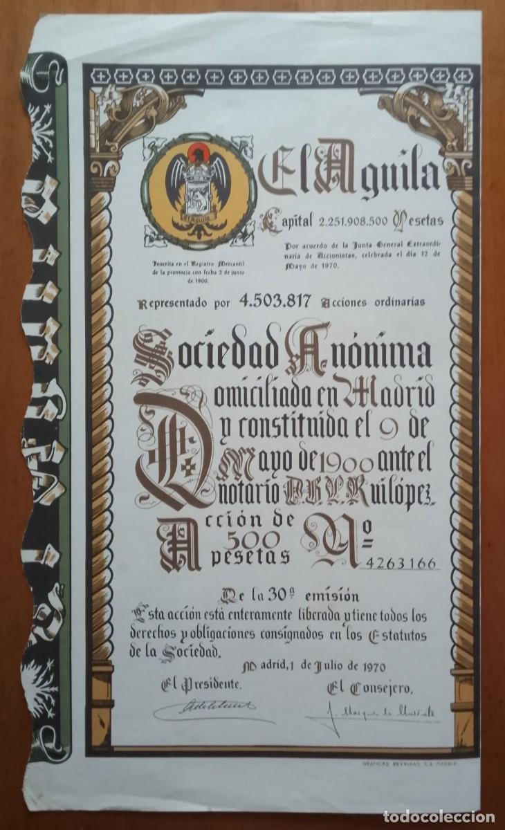 Coleccionismo acciones espa&ntilde;olas: Acci&oacute;n de F&aacute;brica de cervezas El &Aacute;guila S.A. Madrid. 1970