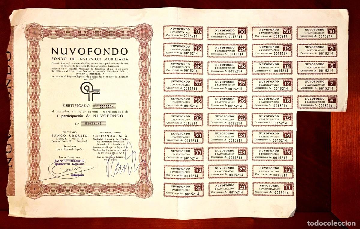 Coleccionismo acciones espa&ntilde;olas: Nuvofondo 1 participaci&oacute;n al portador Barcelona 1966