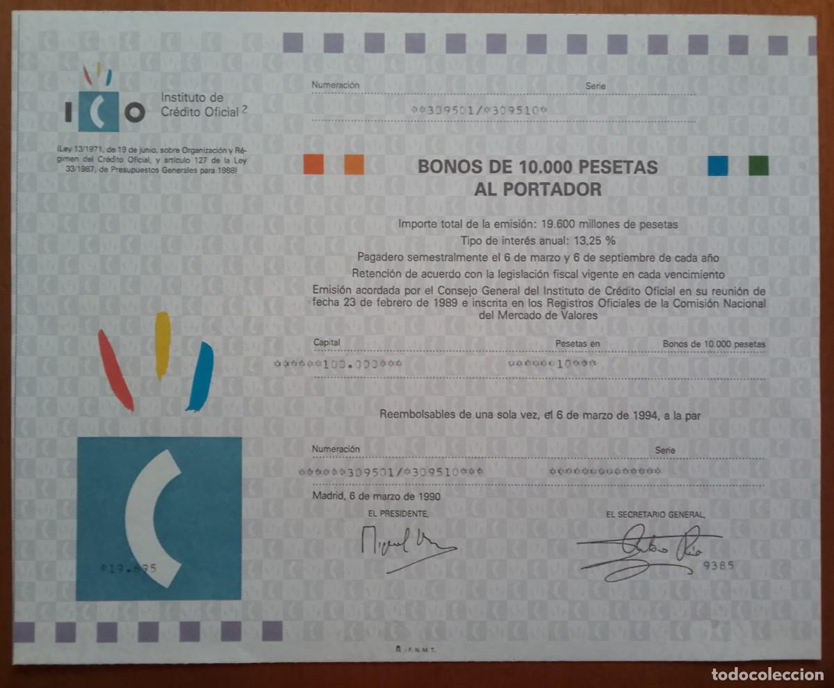 Coleccionismo acciones espa&ntilde;olas: Bono de 10000 Pesetas al portador Instituto de Cr&eacute;dito Oficial. ICO. Madrid. 1990