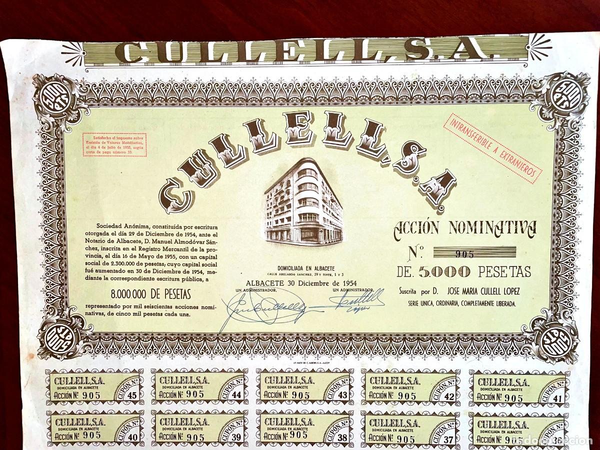 Coleccionismo acciones espa&ntilde;olas: Cullell,SA acci&oacute;n Albacete 1954