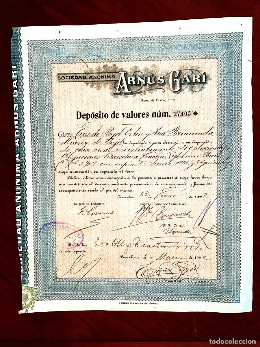 Coleccionismo acciones espa&ntilde;olas: Dep&oacute;sito de Valores SA Arn&uacute;s Gar&iacute;, Barcelona 1920