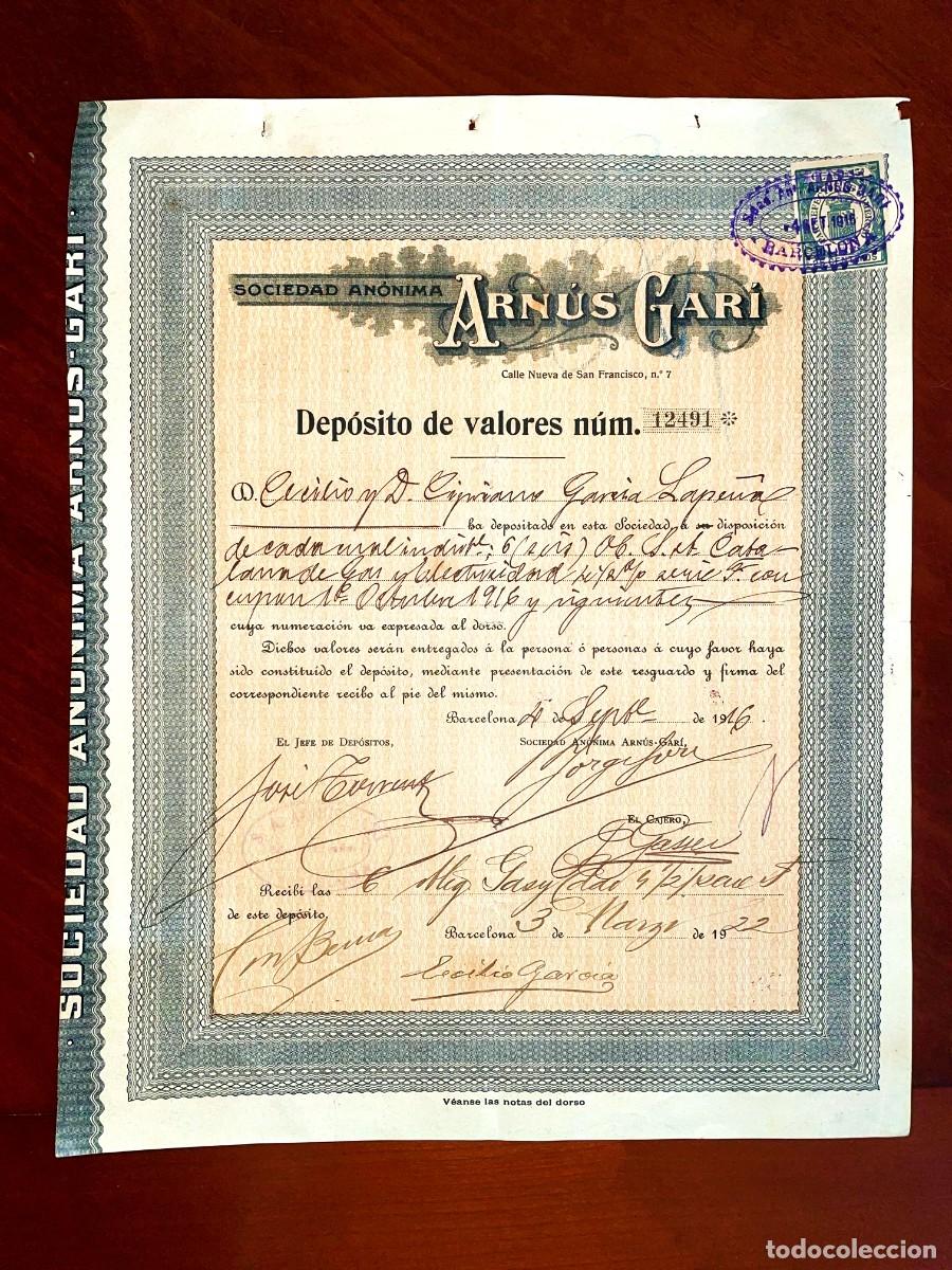 Coleccionismo acciones espa&ntilde;olas: Dep&oacute;sito de Valores SA Arn&uacute;s Gar&iacute;, Barcelona 1920