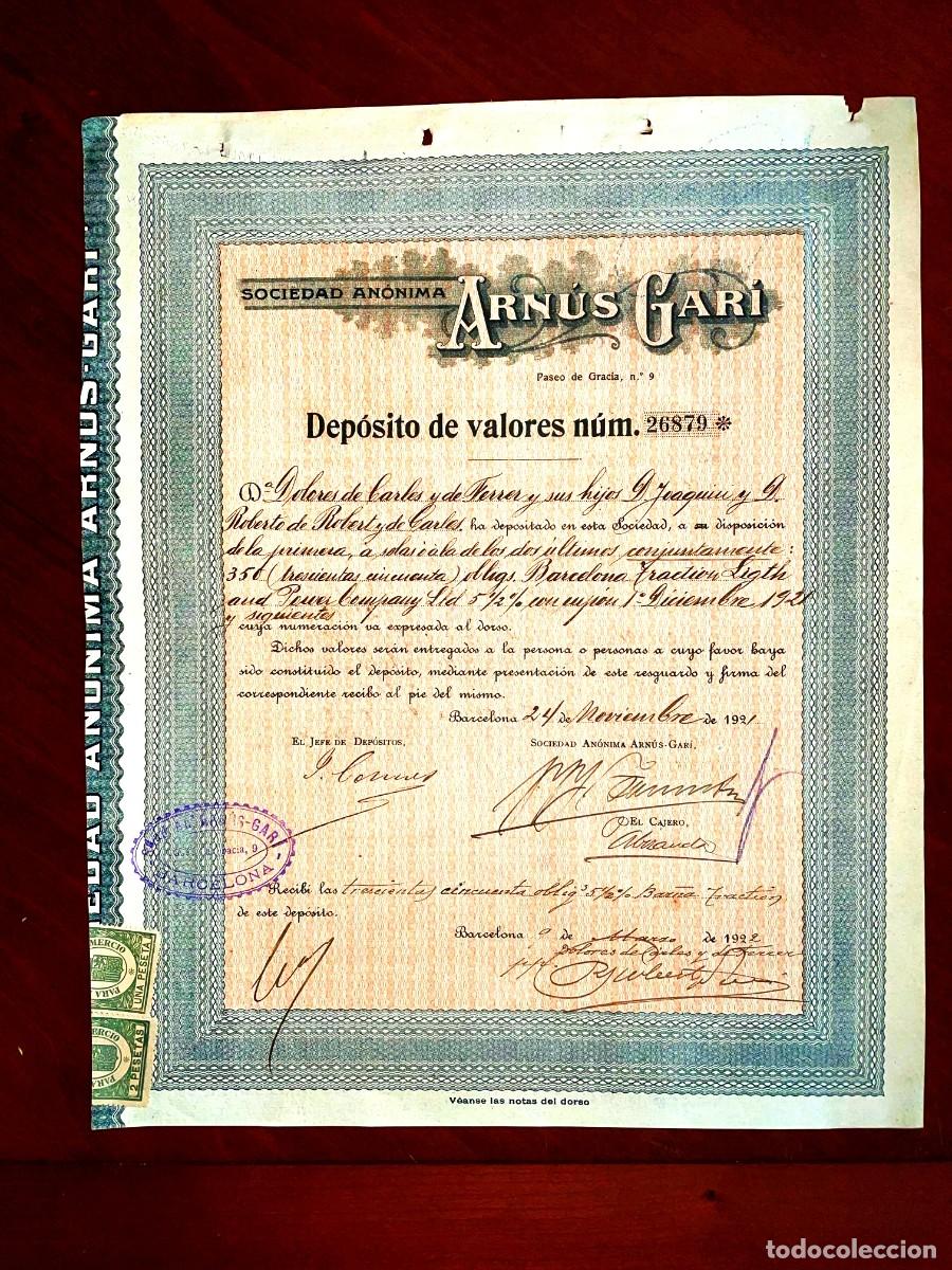 Coleccionismo acciones espa&ntilde;olas: Dep&oacute;sito de Valores SA Arn&uacute;s Gar&iacute;, Barcelona 1916