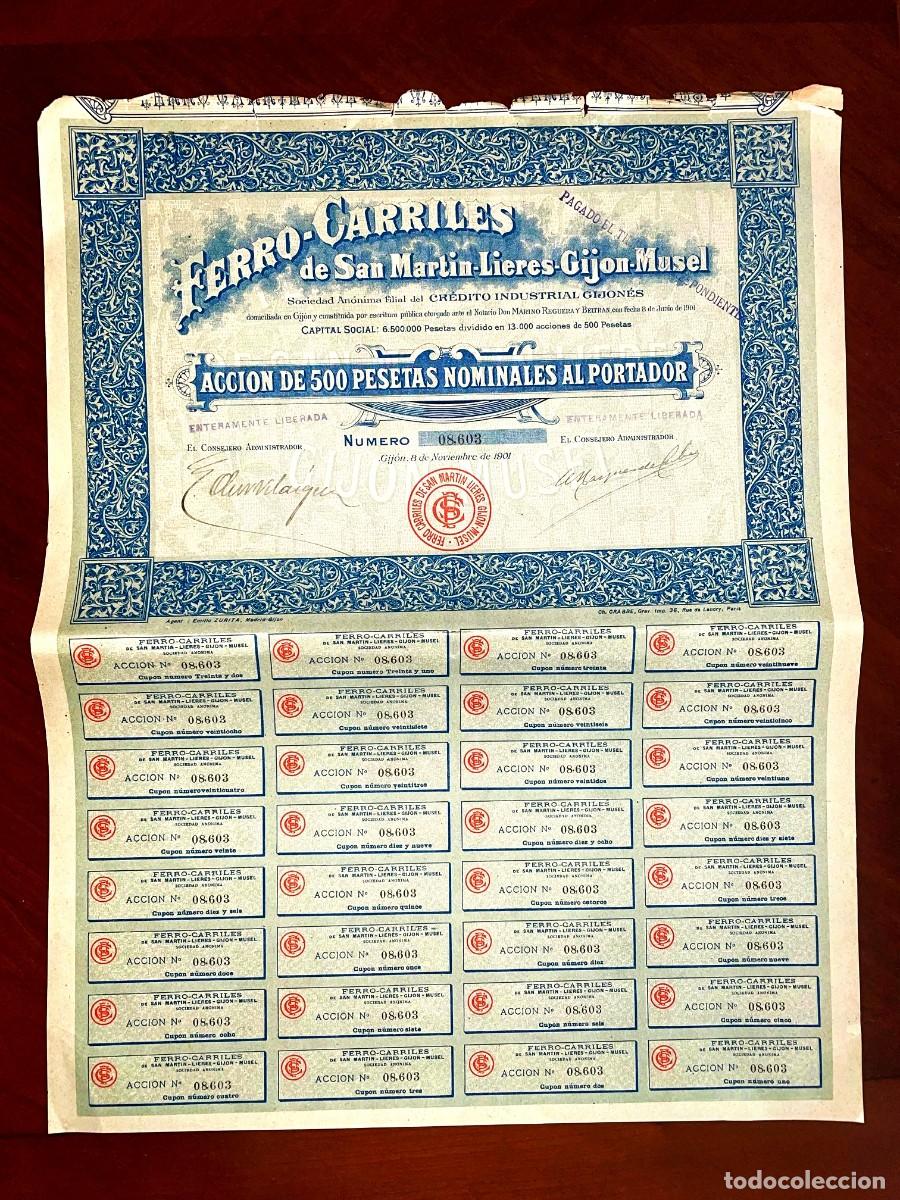 Coleccionismo acciones espa&ntilde;olas: Ferrocarriles San Martin-Lieres-Gijon-Musel, acci&oacute;n .Gijon 1901, roturas