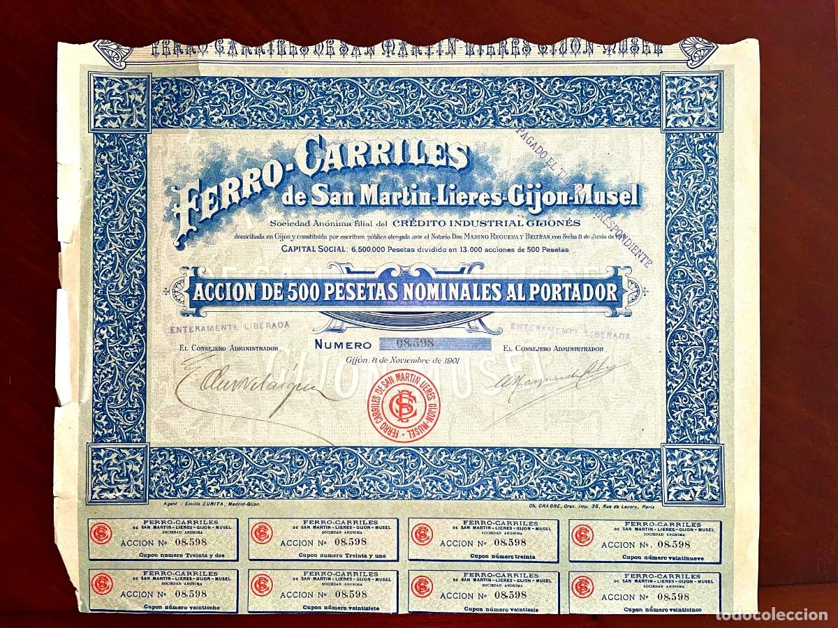 Coleccionismo acciones espa&ntilde;olas: Ferrocarriles San Martin-Lieres-Gijon-Musel, acci&oacute;n .Gijon 1901, roturas