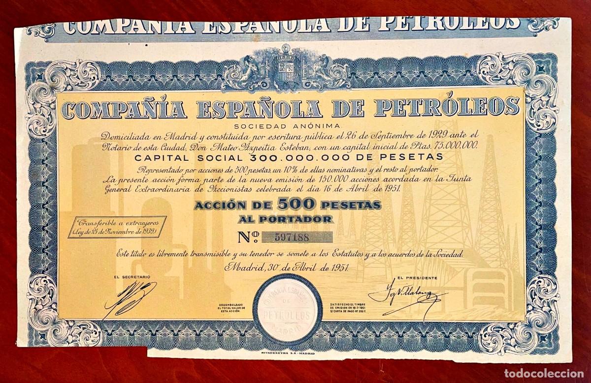 Coleccionismo acciones espa&ntilde;olas: Compa&ntilde;&iacute;a Espa&ntilde;ola de Petr&oacute;leos CEPSA 1951 acci&oacute;n con corte en &aacute;ngulo inf izq.