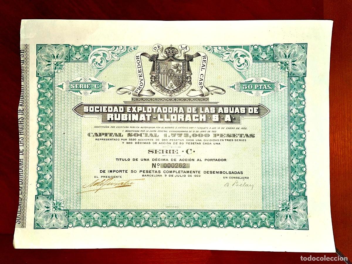 Coleccionismo acciones espa&ntilde;olas: Sociedad Explotadora de la Aguas de Rubinat-Llorach ,SA Barcelona 1922 acci&oacute;n