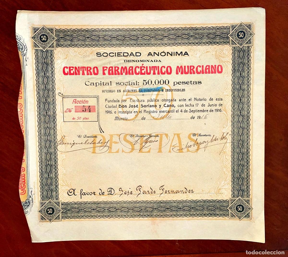 Coleccionismo acciones espa&ntilde;olas: Centro Farmac&eacute;utico Murciano SA Murcia 1916 acci&oacute;n