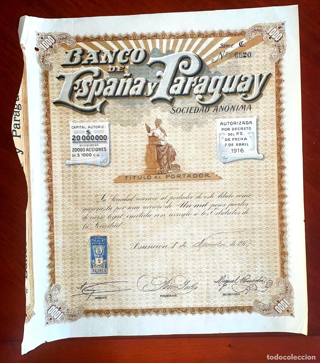 Coleccionismo acciones espa&ntilde;olas: Banco de Espa&ntilde;a y Paraguay SA Asunci&oacute;n/ Paraguay 1917 acci&oacute;n