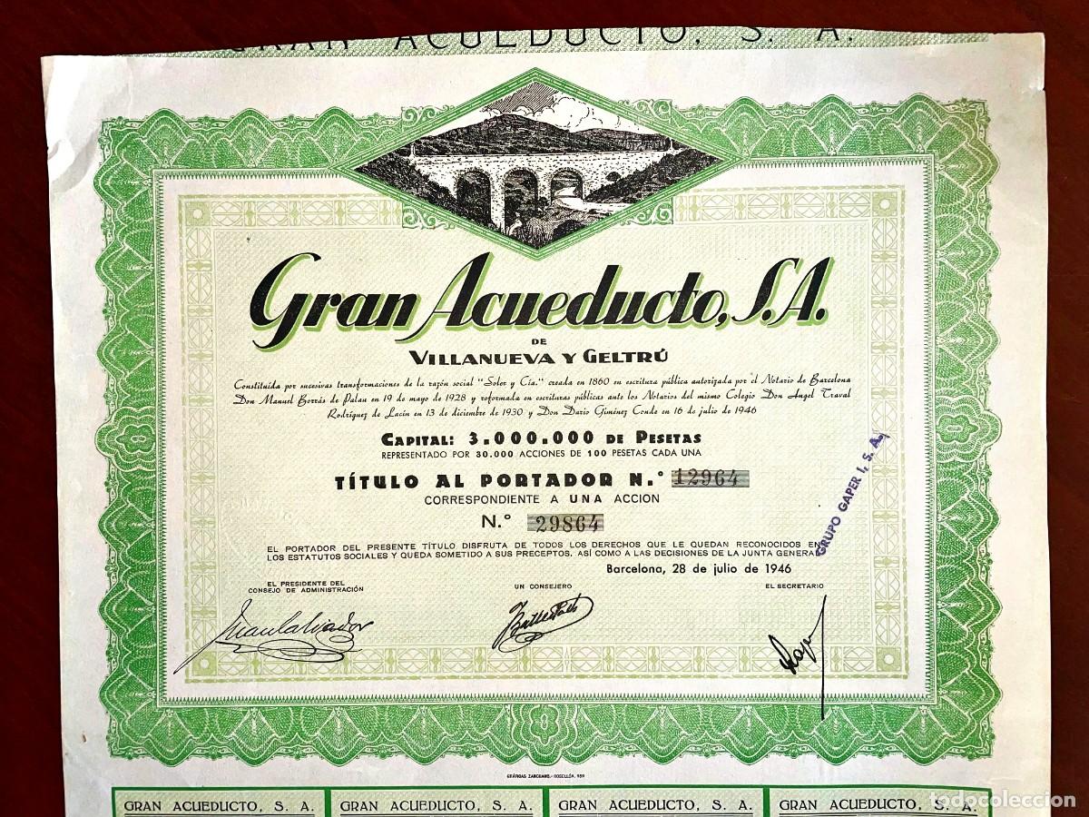 Coleccionismo acciones espa&ntilde;olas: Gran Acueducto de Villanueva y Geltr&uacute; ,acci&oacute;n Barcelona 1946