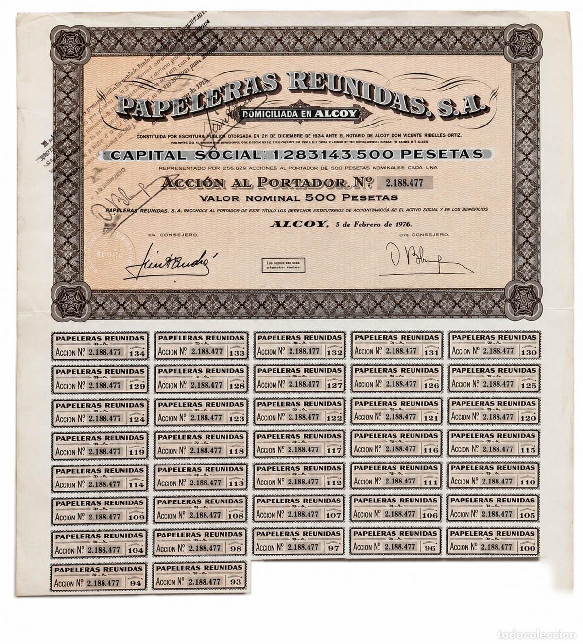 Coleccionismo acciones espa&ntilde;olas: 1976 Acci&oacute;n de Papeleras Reunidas de Alcoy