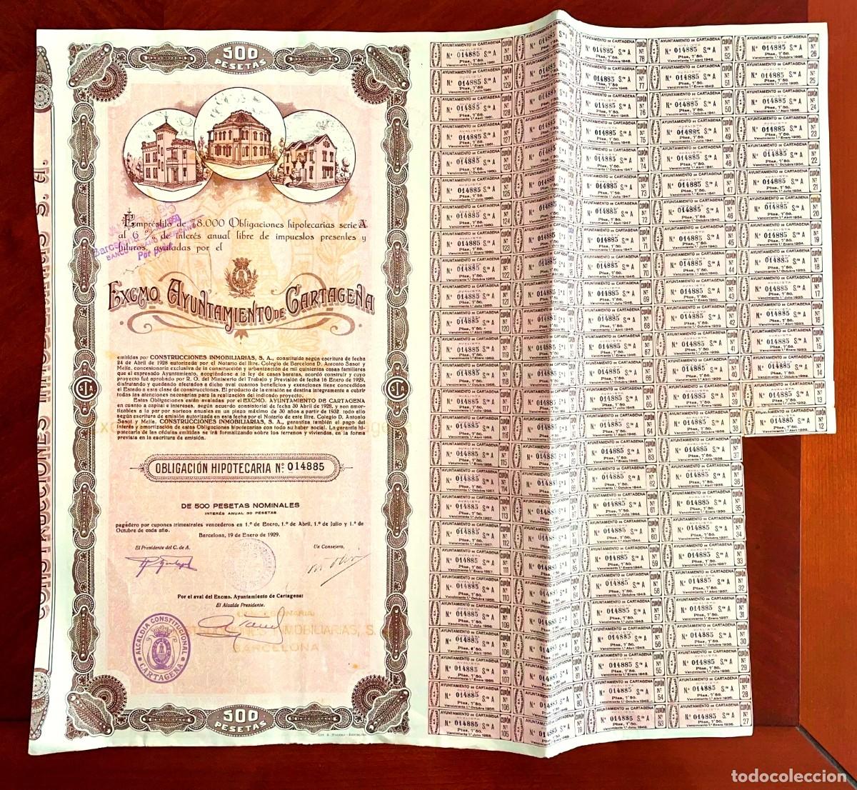 Coleccionismo acciones espa&ntilde;olas: Ayuntamiento de Cartagena obligaci&oacute;n hipotecaria 1929