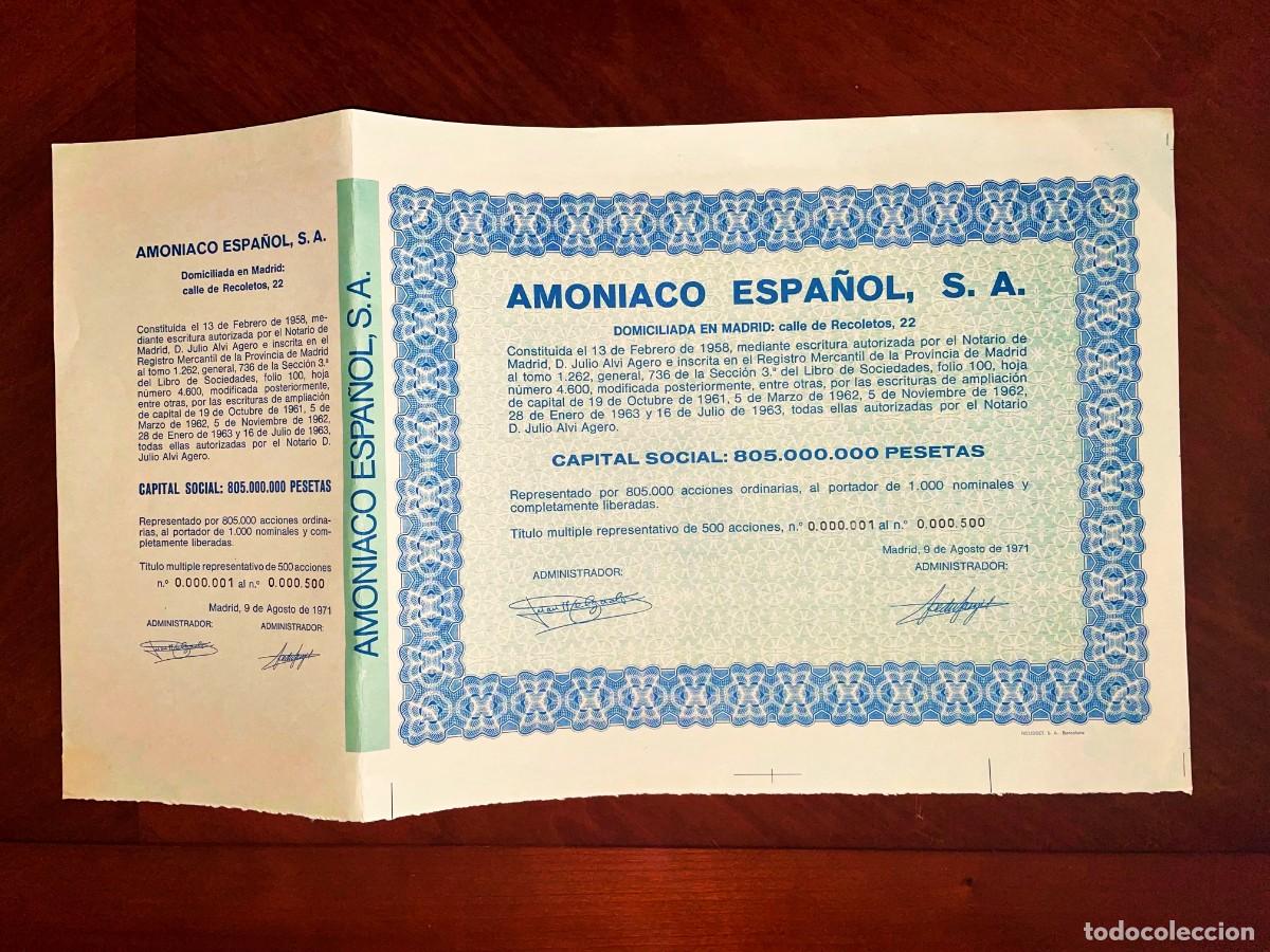 Coleccionismo acciones espa&ntilde;olas: Amon&iacute;aco Espa&ntilde;ol, S.A. un t&iacute;tulo m&uacute;ltiple de 500 acciones, Madrid 1971