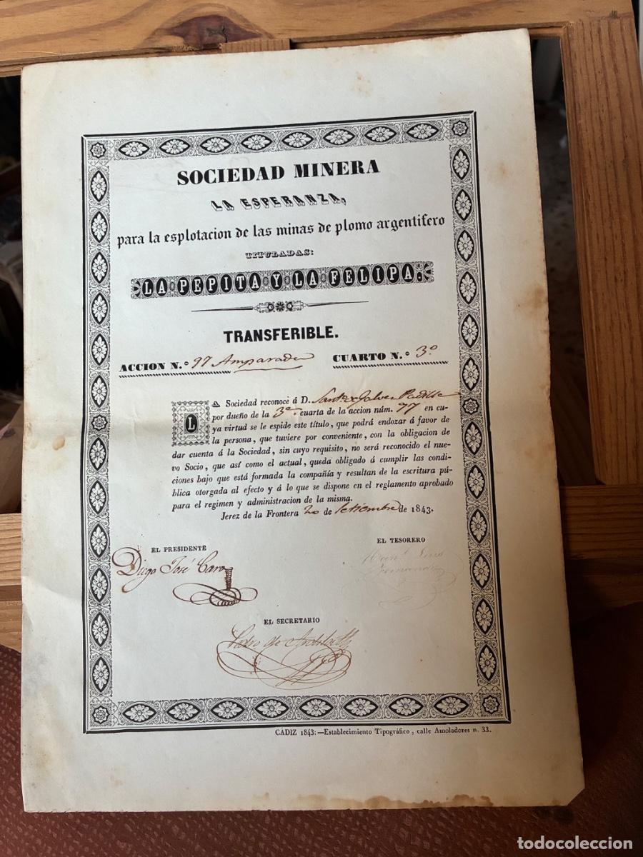 Coleccionismo acciones espa&ntilde;olas: MINER&Iacute;A C&Aacute;DIZ SOC MINERA LA ESPERANZA PLOMO ARGENT&Iacute;FERO JEREZ 1843