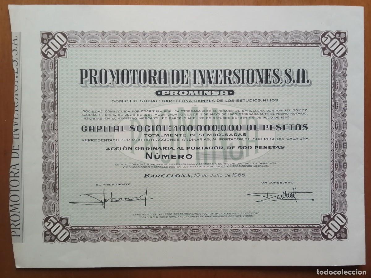 Coleccionismo acciones espa&ntilde;olas: Promotora de Inversiones. PROMINSA. Barcelona. 1965