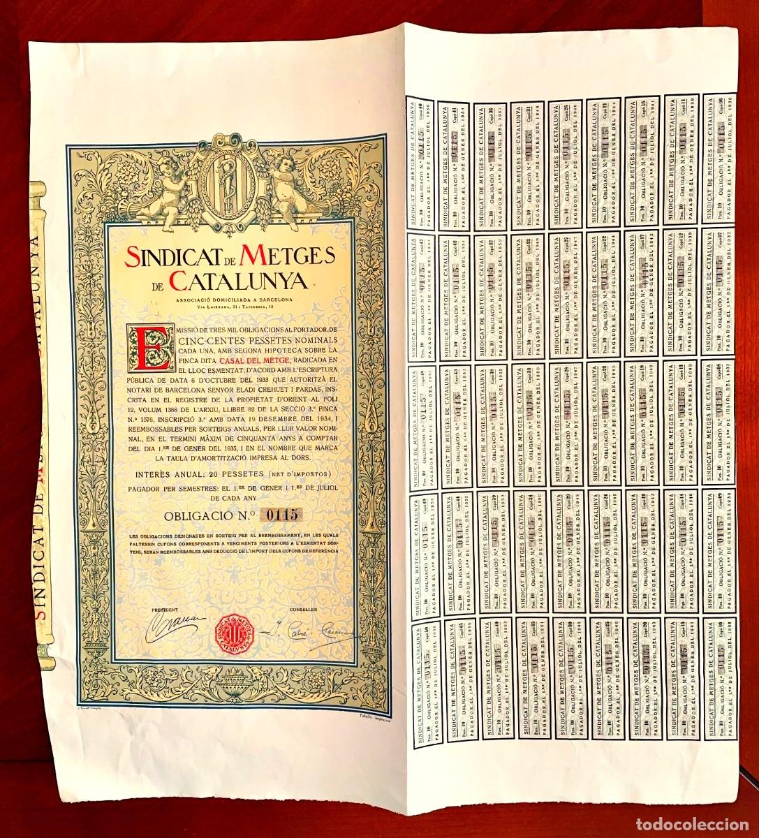 Coleccionismo acciones espa&ntilde;olas: Sindicat de Metges de Catalunya, obligaci&oacute; al portador 1935