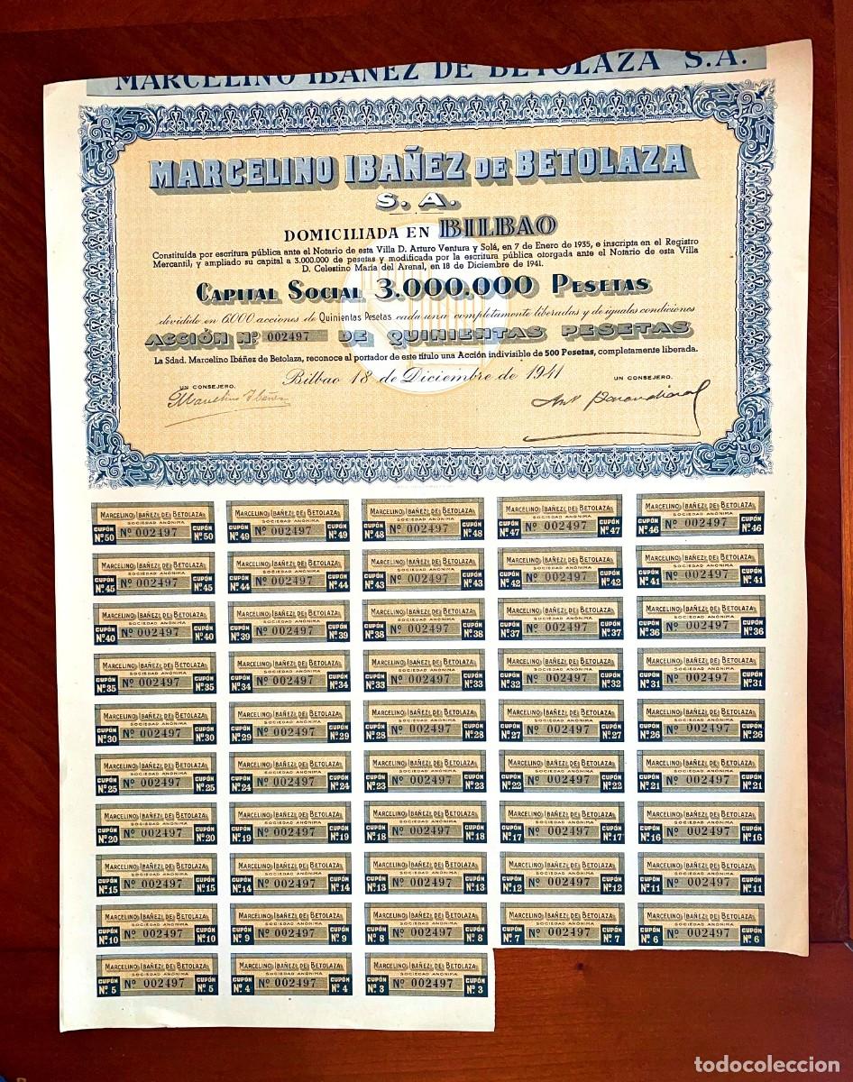 Coleccionismo acciones espa&ntilde;olas: Marcelino Iba&ntilde;ez de Betolaza,S.A. Bilbao 1941 acci&oacute;n f&aacute;brica de camas y colchones
