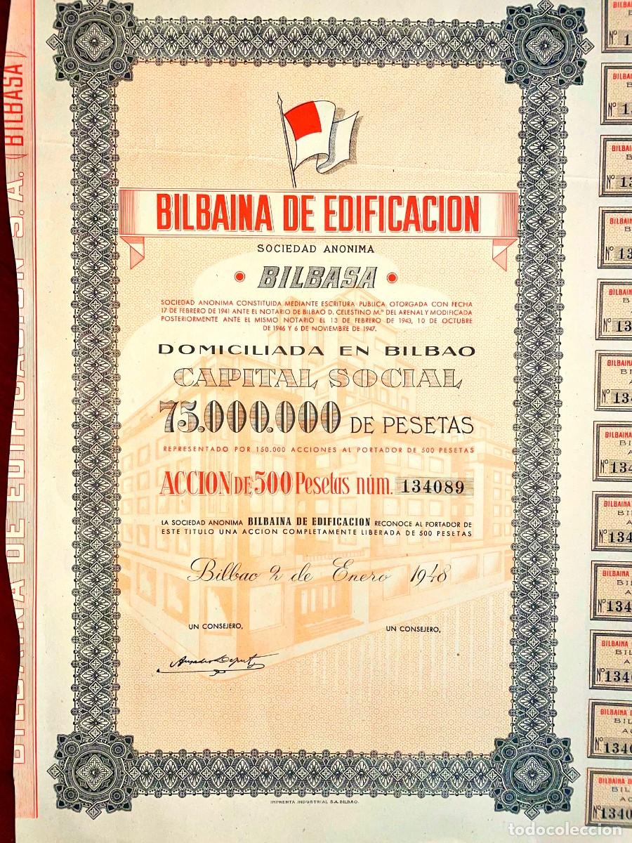 Coleccionismo acciones espa&ntilde;olas: Bilbaina de Edificaci&oacute;n,SA BILBASA 1948 acci&oacute;n - Foto 2