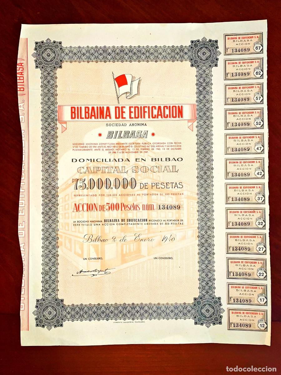 Coleccionismo acciones espa&ntilde;olas: Bilbaina de Edificaci&oacute;n,SA BILBASA 1948 acci&oacute;n