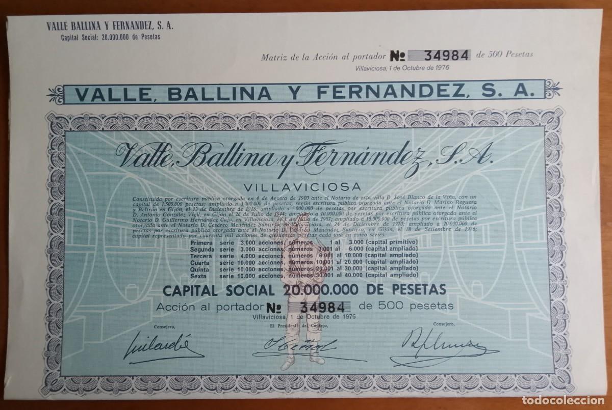 Coleccionismo acciones espa&ntilde;olas: Valle, Ballina y Fern&aacute;ndez. Sidra El Gaitero. Villaviciosa (Asturias). 1976
