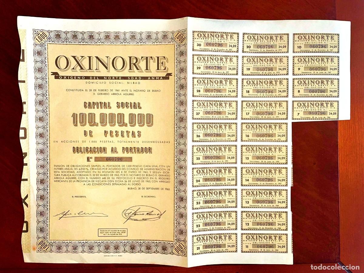 Coleccionismo acciones espa&ntilde;olas: Oxinorte ,SA Bilbao 1963 obligaci&oacute;n