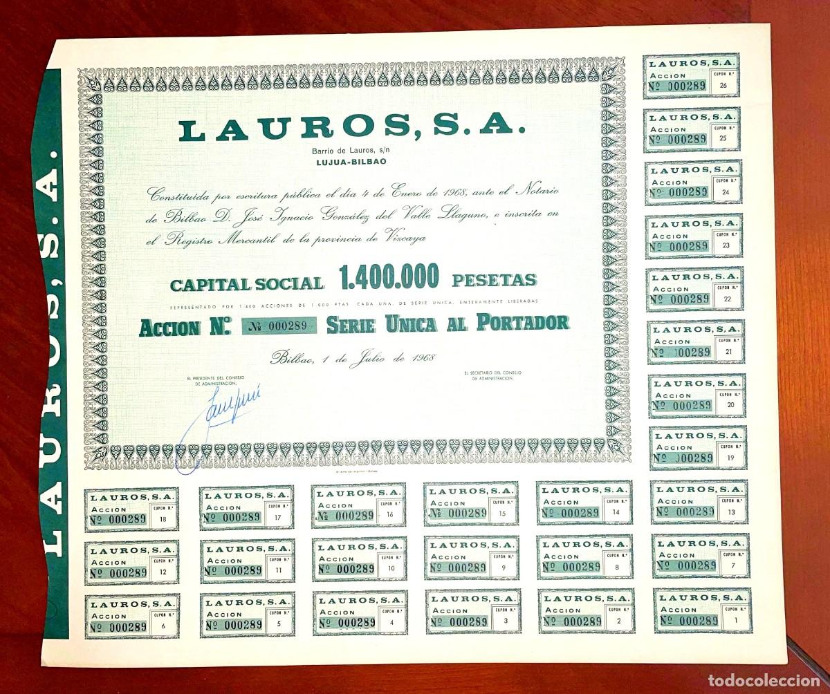 Coleccionismo acciones espa&ntilde;olas: Lauros ,SA Bilbao 1968 acci&oacute;n